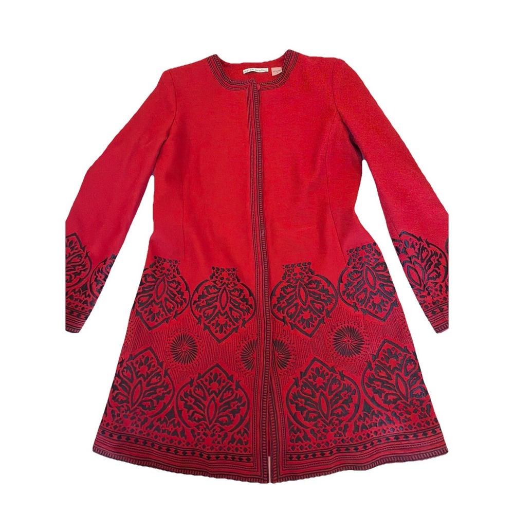 PETER NYGARD Women's Embroidered Red Long Lined Coat Jacket Sz 6